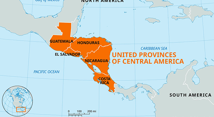 Best Central American countries to visit—map collage of Costa Rica, Guatemala, Belize, Panama and Nicaragua highlights
