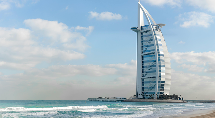 Best month to visit Dubai: golden sunset over Dubai skyline and waterfront