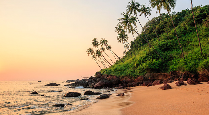 Goa 3 days package hero image—sunset at a Goan beach with silhouettes of palm trees