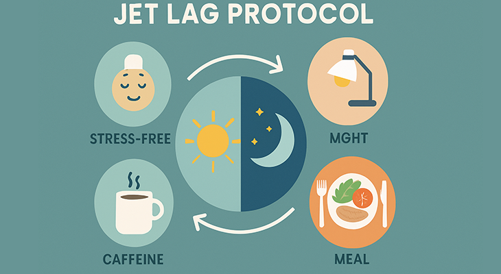 jet lag protocol wheel with light meal and caffeine timing for stress free travel