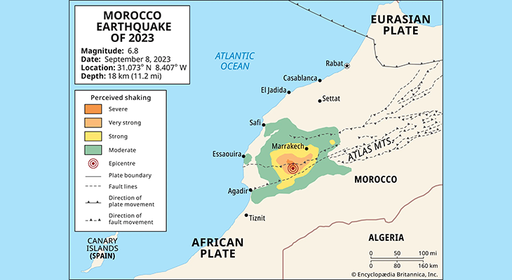 Map infographic showing earthquake impact zones and safe tourist circuits in Morocco