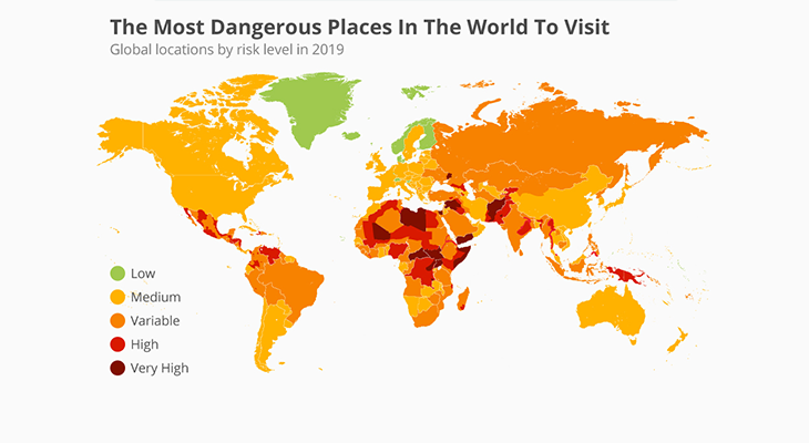Map collage showing conflict zones crime hotspots disaster areas representing most unsafe places to travel