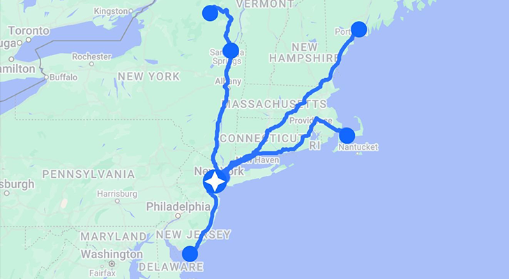 map of 10 best road trips from NYC with mileage rings