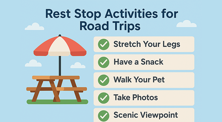 infographic checklist of rest-stop activities for road trips