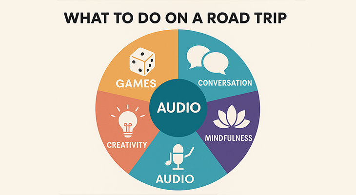 colorful wheel showing categories of what to do on a road trip: games, audio, conversation, creativity, mindfulness