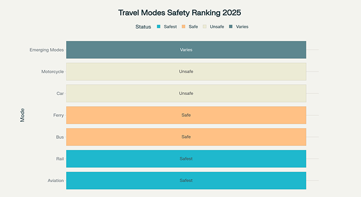 Data comparing safety of airplane, train, bus, car and cruise ship showing safest travel modes