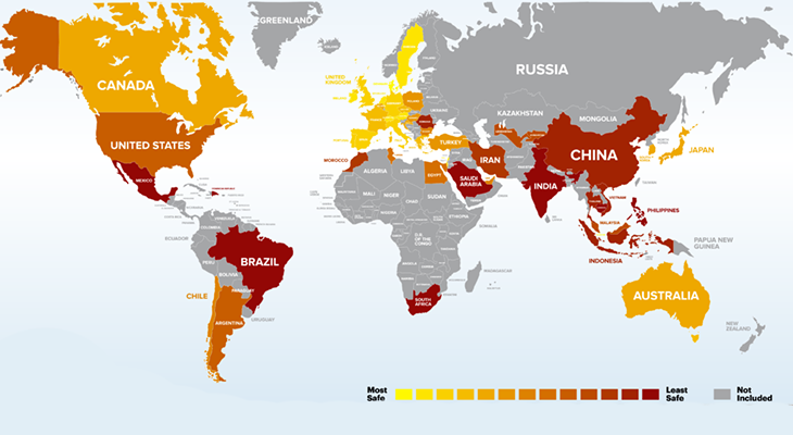 Infographic map of the world's safest travel destinations 2025