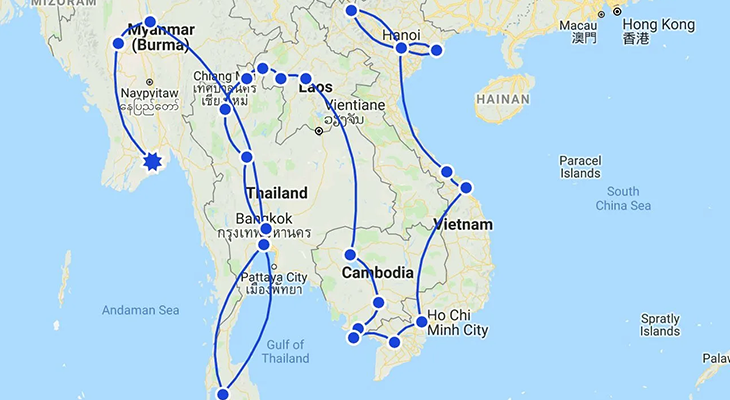 Optimized multi country Southeast Asia travel itinerary route diagram