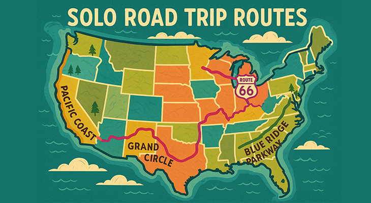 infographic showing solo road trip routes in USA
