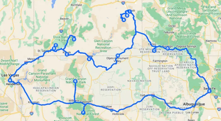 map infographic of the 10 best southwest road trips radiating from Las Vegas