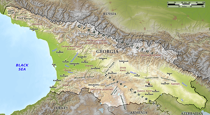 map illustrating key regions for travel to georgia wine country mountains coast and capital