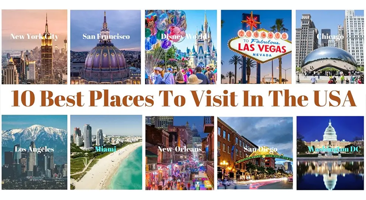 Cheap places to visit in America—collage of Washington DC museums, St. Louis Forest Park, San Antonio River Walk, Grand Canyon at sunset